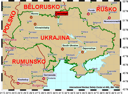 Mapa reaktorů na území Evropy a Asie